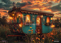 A teal gypsy wagon with intricate floral designs, glowing lanterns, and orange-lit windows, surrounded by a wildflower field under a fiery sunset.