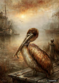 Painting of a pelican with a fish in its beak standing on a dock with boats and buildings in the background.