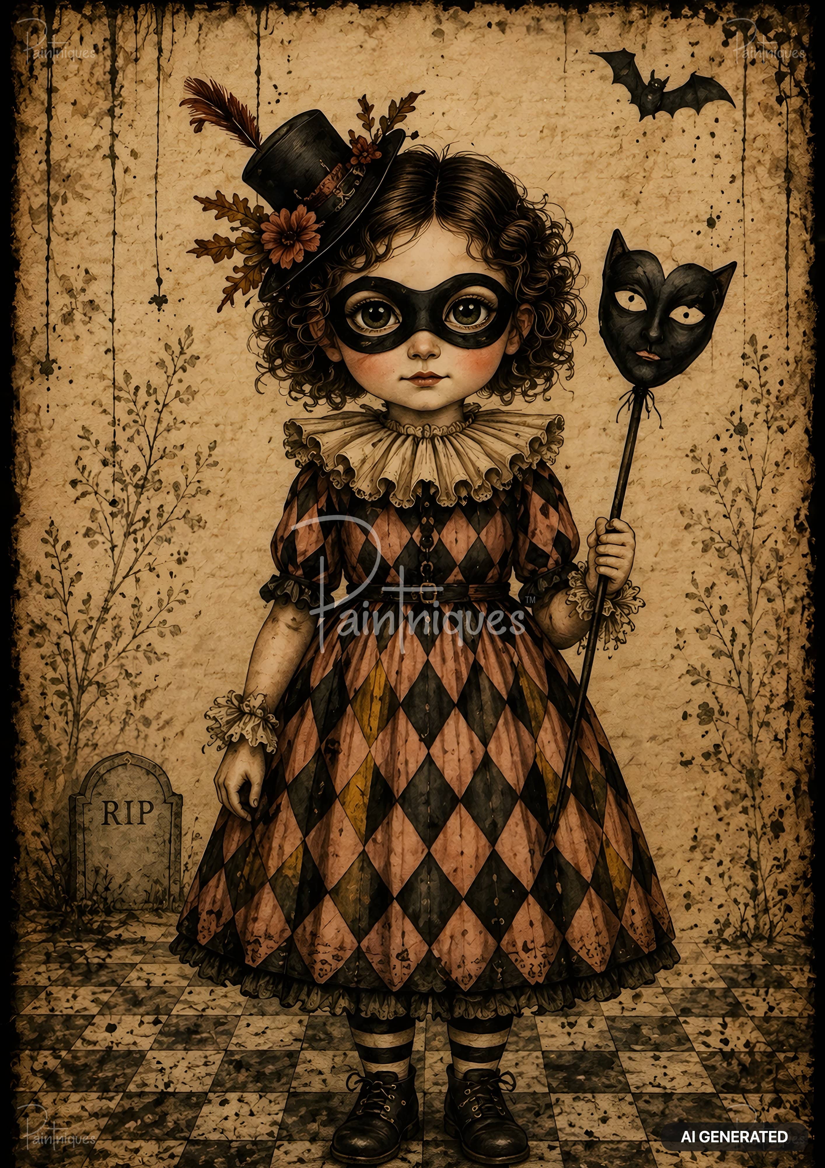 A curly-haired girl in a diamond-patterned dress, top hat, and eye mask holds a cat mask. A tombstone and bat appear.