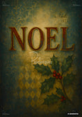 Vintage style art with "NOEL" in red and gold block letters, script "Noel, 1837", holly, and floral patterns.