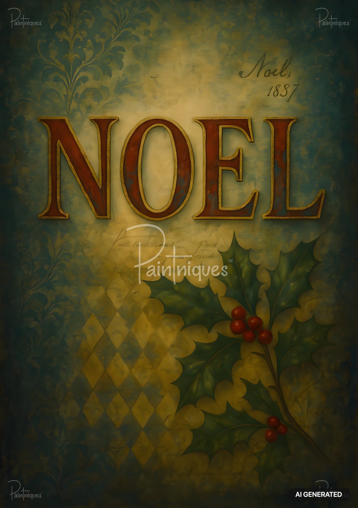 Vintage style art with "NOEL" in red and gold block letters, script "Noel, 1837", holly, and floral patterns.