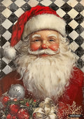 Oil painting of Santa Claus with a smiling face, red cheeks, white beard, and a red hat. He holds Christmas ornaments.