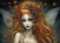 Fantasy portrait of a fairy with long red hair, glowing blue eyes, and delicate wings, adorned with autumn leaves and roses.