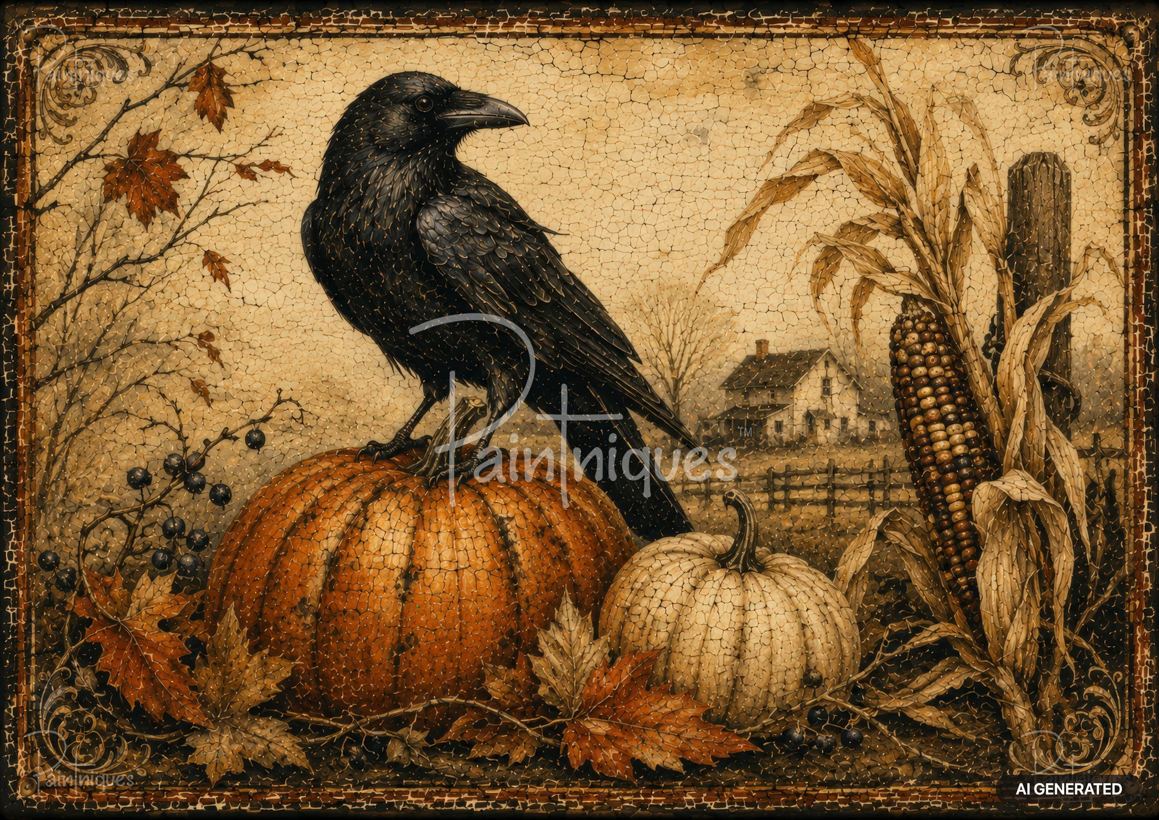 Black crow perched on an orange pumpkin, with a white pumpkin, indian corn, autumn leaves, and a farmhouse.