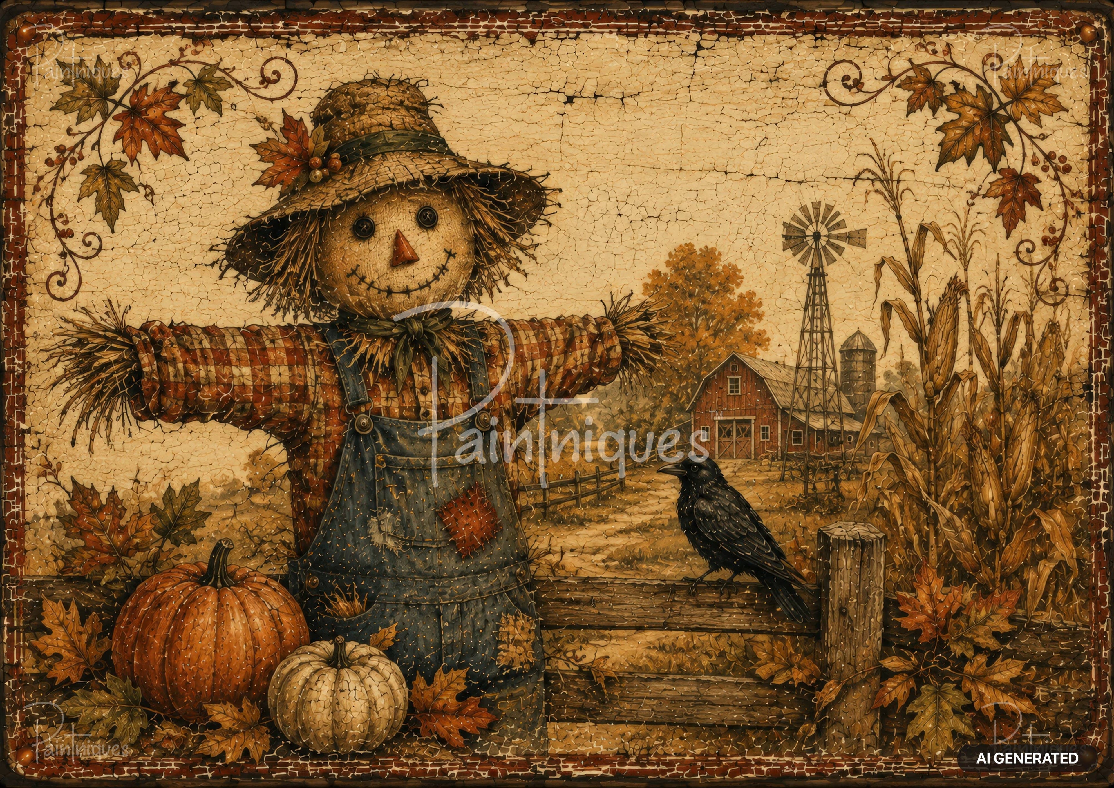 Textured artwork of a scarecrow in a plaid shirt and overalls, with pumpkins, a crow on a fence, barn, and windmill.