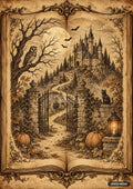 Sepia illustration of an open book revealing a spooky castle, full moon, owl, bats, black cat, pumpkins, and gate.