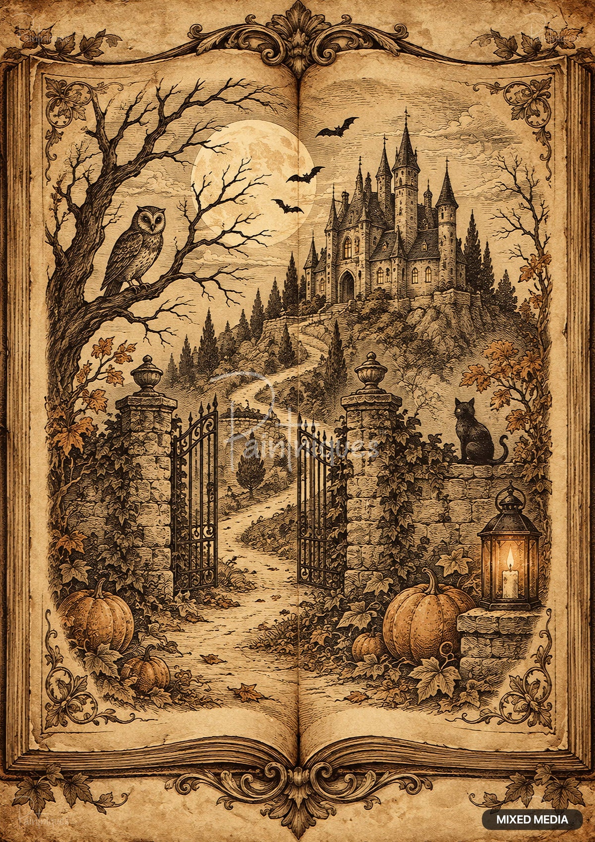 Sepia illustration of an open book revealing a spooky castle, full moon, owl, bats, black cat, pumpkins, and gate.