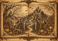 Open book with an ornate autumn scene: full moon, bats, castle, owl in a tree, black cat, pumpkins, and gate.