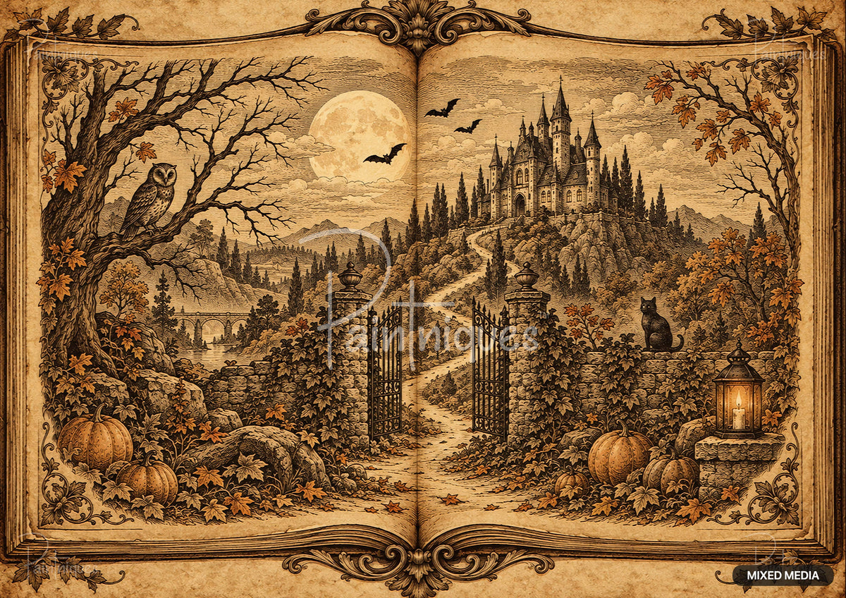 Open book with an ornate autumn scene: full moon, bats, castle, owl in a tree, black cat, pumpkins, and gate.