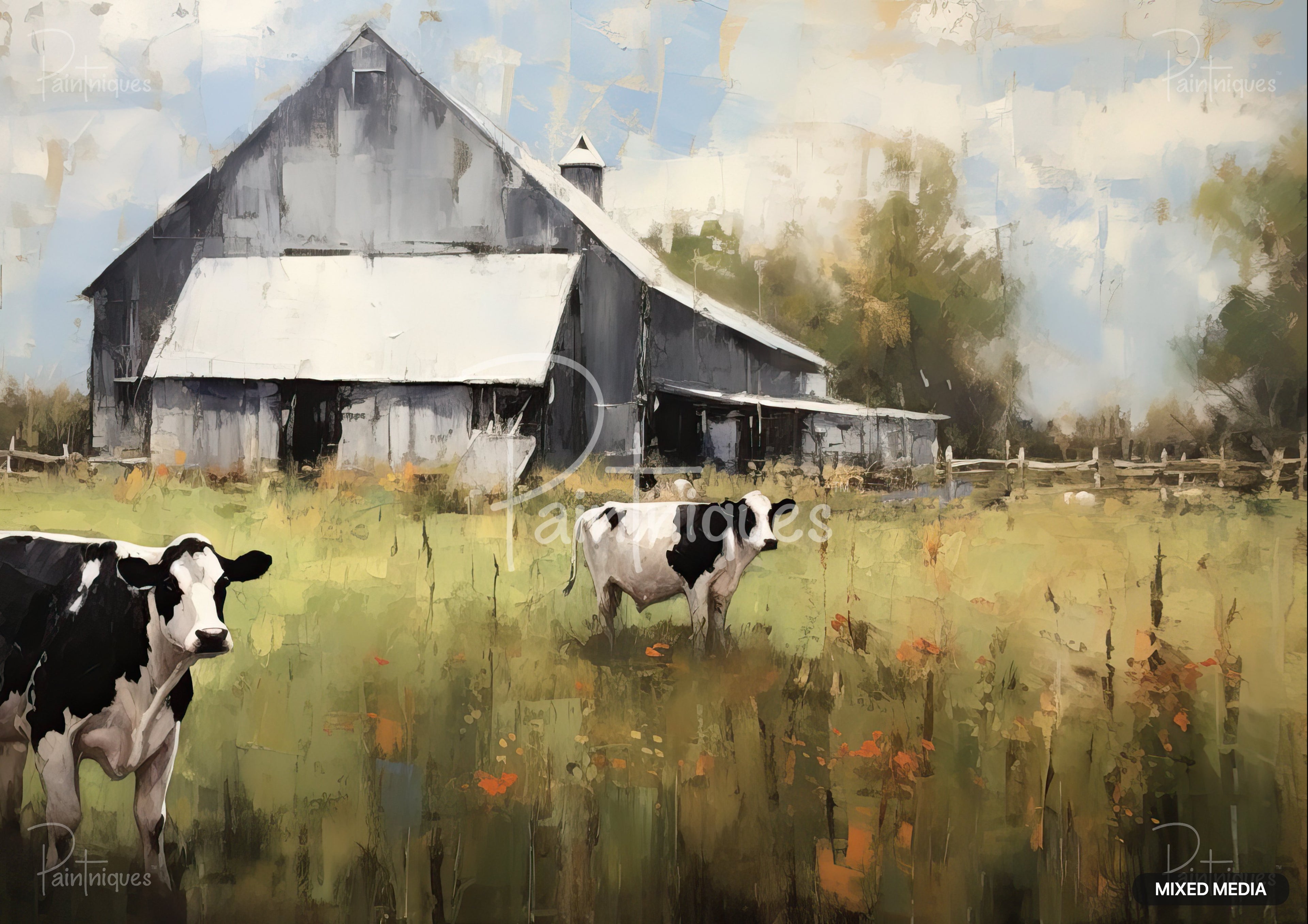 Painting of two black and white cows in a field of green and orange grasses, standing before a gray barn.