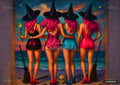 Four witches with pink hair, black hats, and short dresses from behind, on a beach with brooms and a skull.