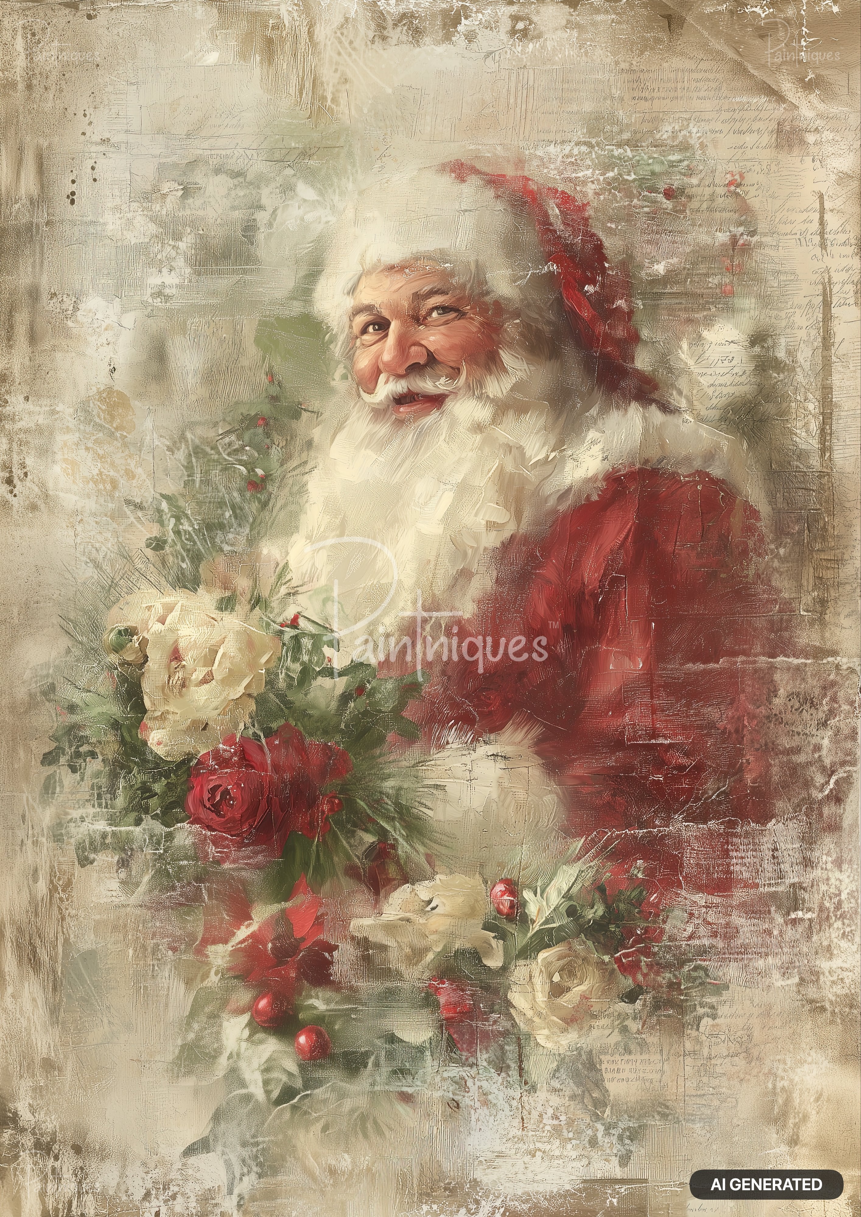 Painting of Santa Claus in red and white holding a festive floral bouquet, textured background.