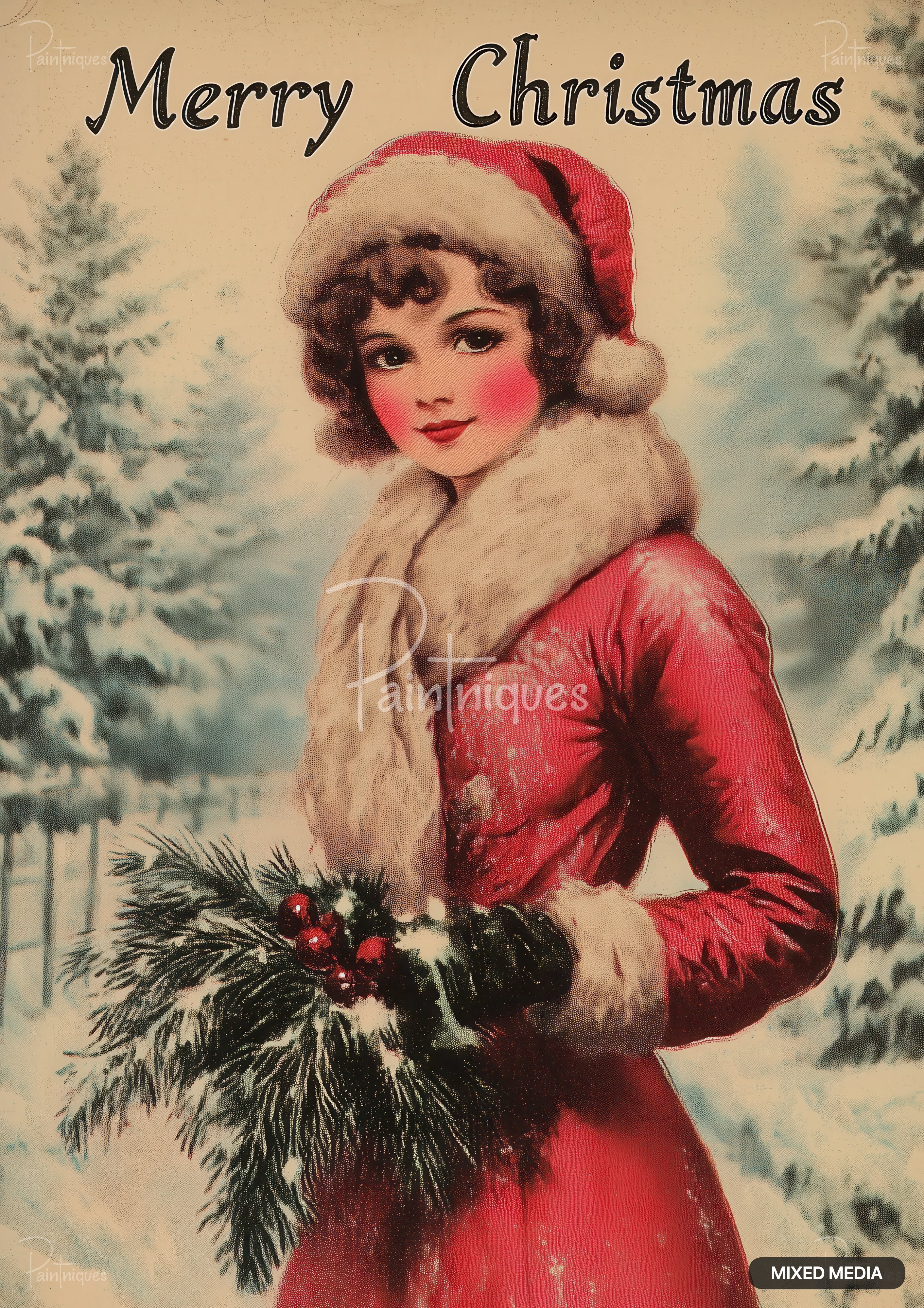 Vintage woman in red Santa hat and fur coat holding evergreen sprig with red berries in snowy pines; 'Merry Christmas' above.