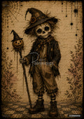 Cute skeleton figure in a witch hat and ragged clothes, holding a staff topped with a pumpkin in a witch hat.