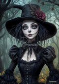 A goth witch with dramatic makeup stands in a dark forest. She wears a black hat with a red rose and a black dress.