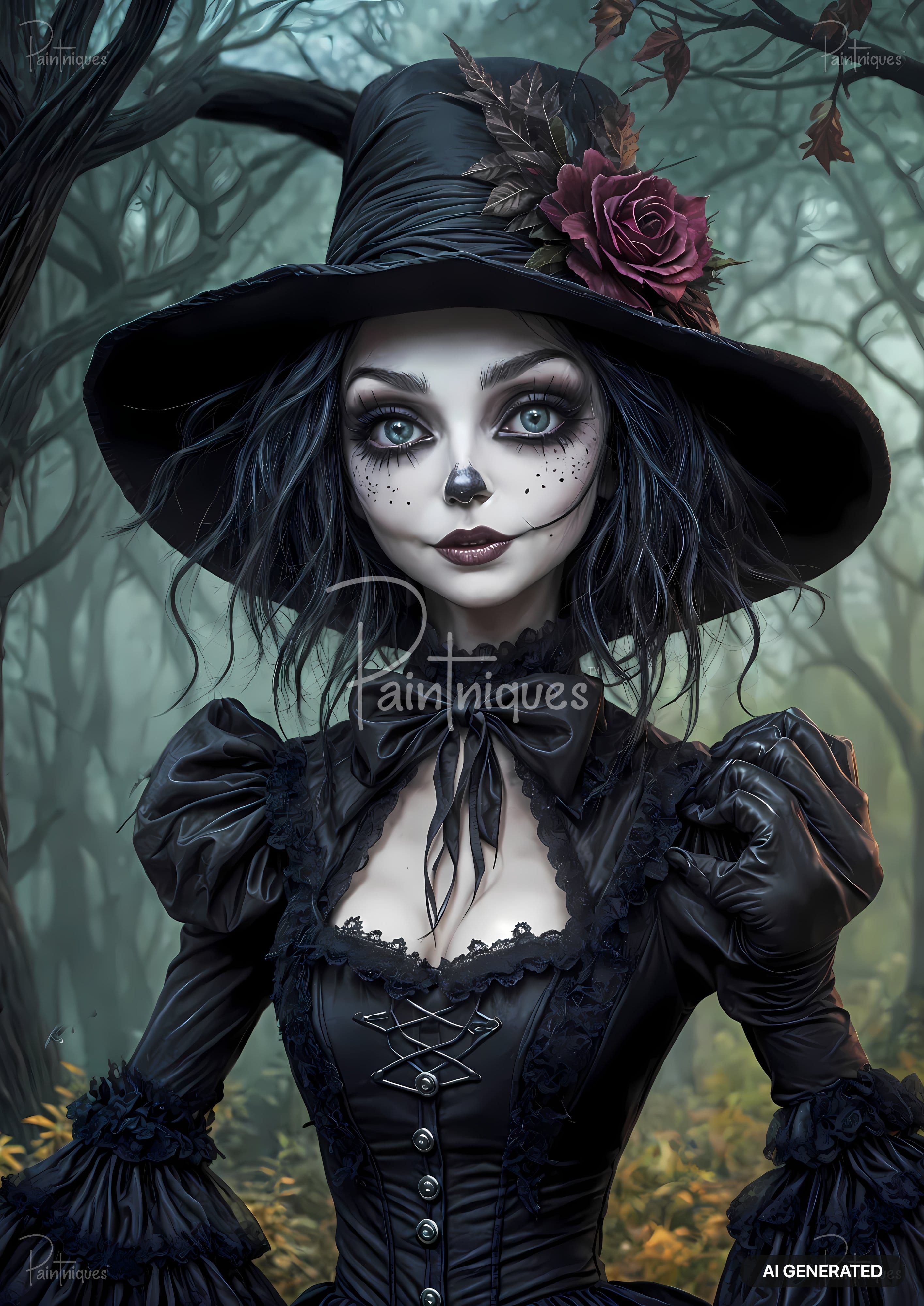 A goth witch with dramatic makeup stands in a dark forest. She wears a black hat with a red rose and a black dress.