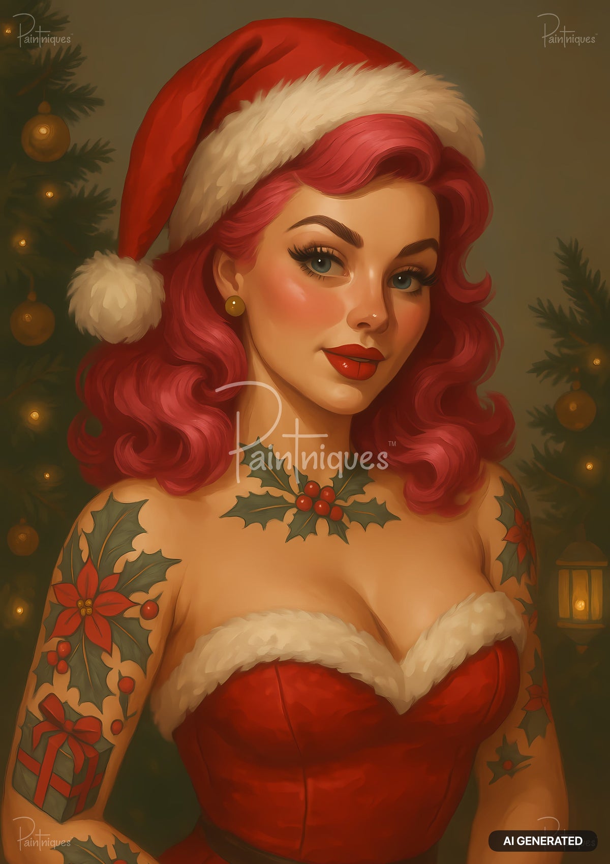 Vintage pin-up woman with pink hair wearing a Santa outfit and festive tattoos in front of a Christmas tree.