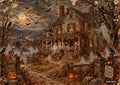 A spooky Halloween scene with a haunted house, full moon, bats, ghosts, skeletons, pumpkins, and crows.