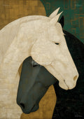 Close-up stylized painting of overlapping white and black horse heads with textured brushwork and green-gold geometric background.