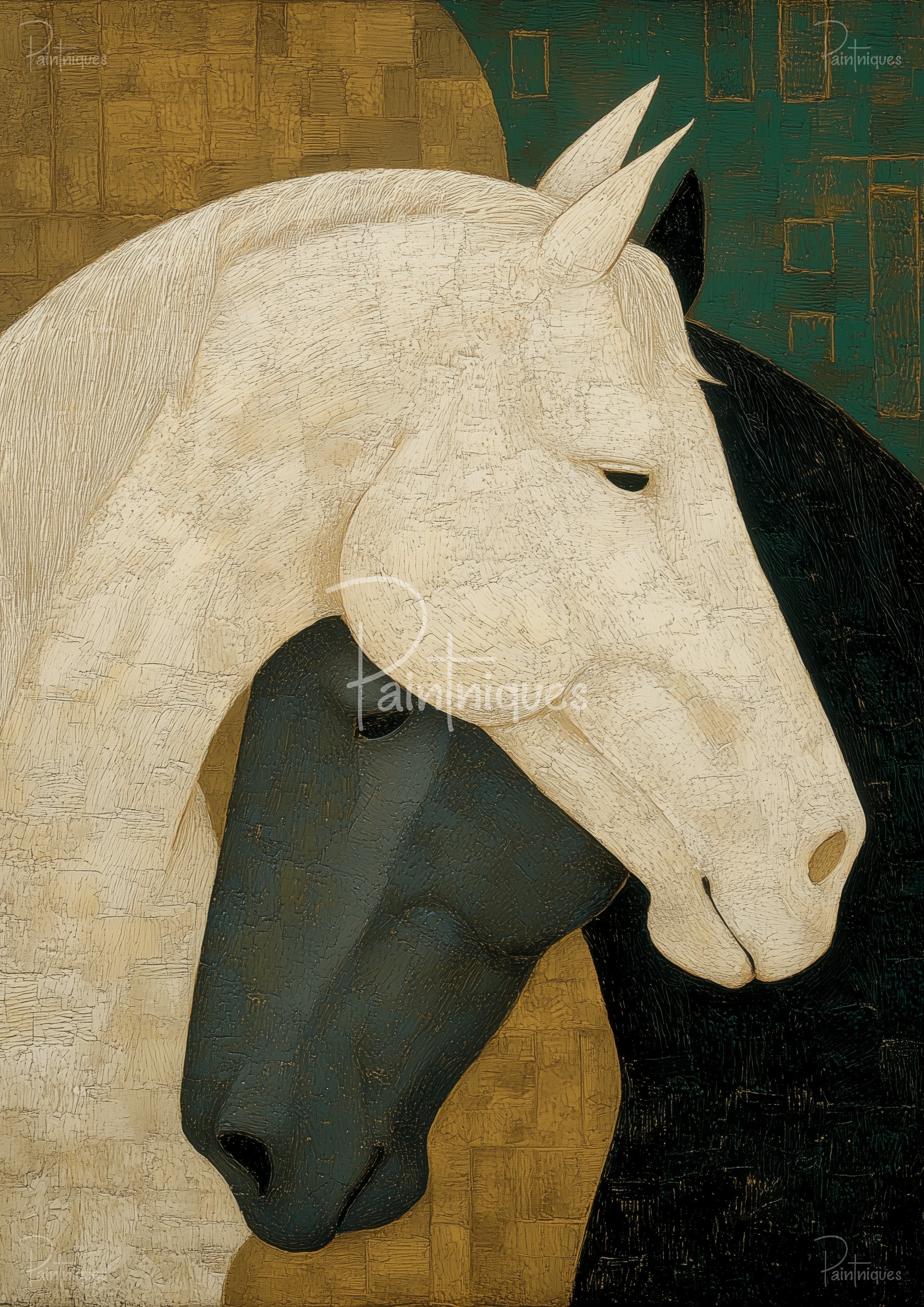 Close-up stylized painting of overlapping white and black horse heads with textured brushwork and green-gold geometric background.