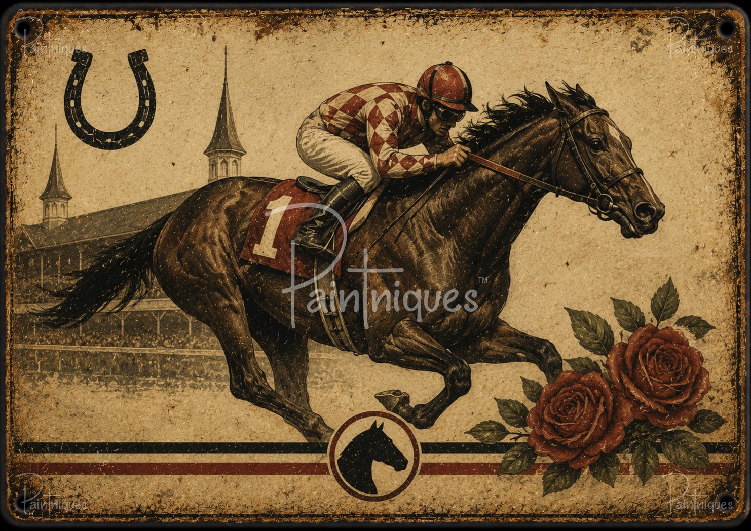 Jockey in red-and-white diamond silks racing a dark bay horse with roses, horseshoe and vintage textured background