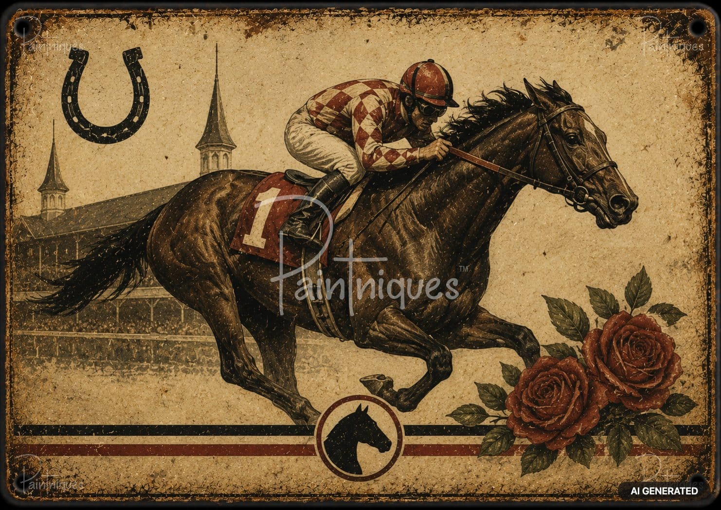 Digital art in vintage style depicts a jockey on a racing horse, with a horseshoe, roses, and a stadium in the background.