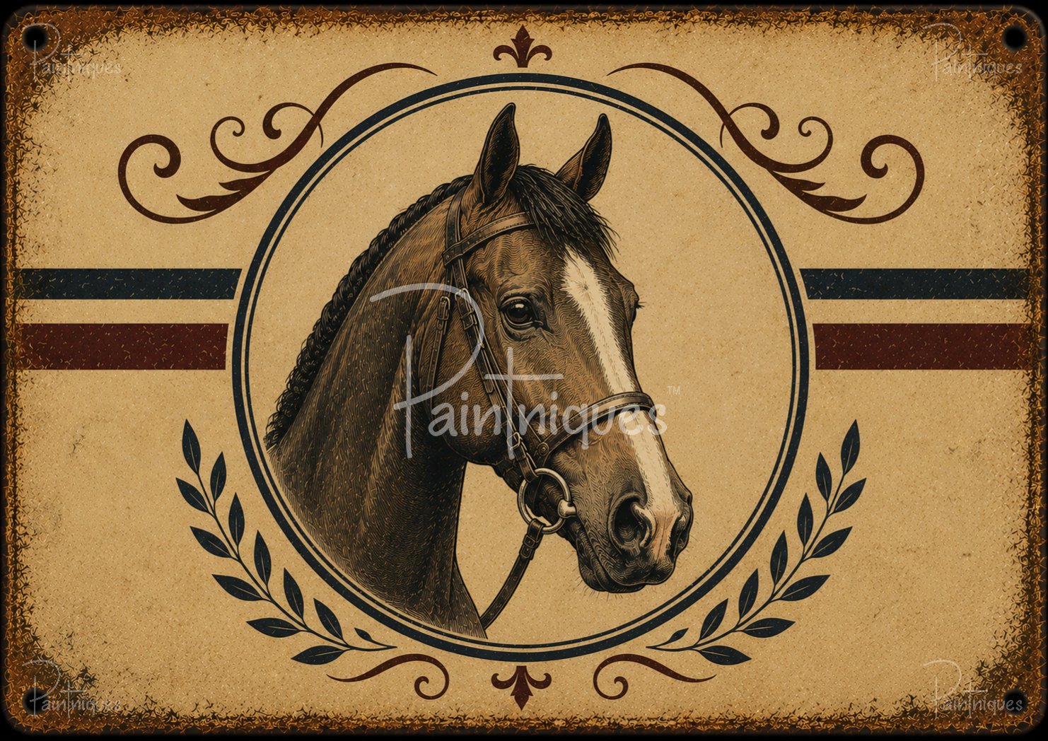 Engraved horse head in bridle inside circular vintage frame with laurel leaves and scrolls on tan textured background.