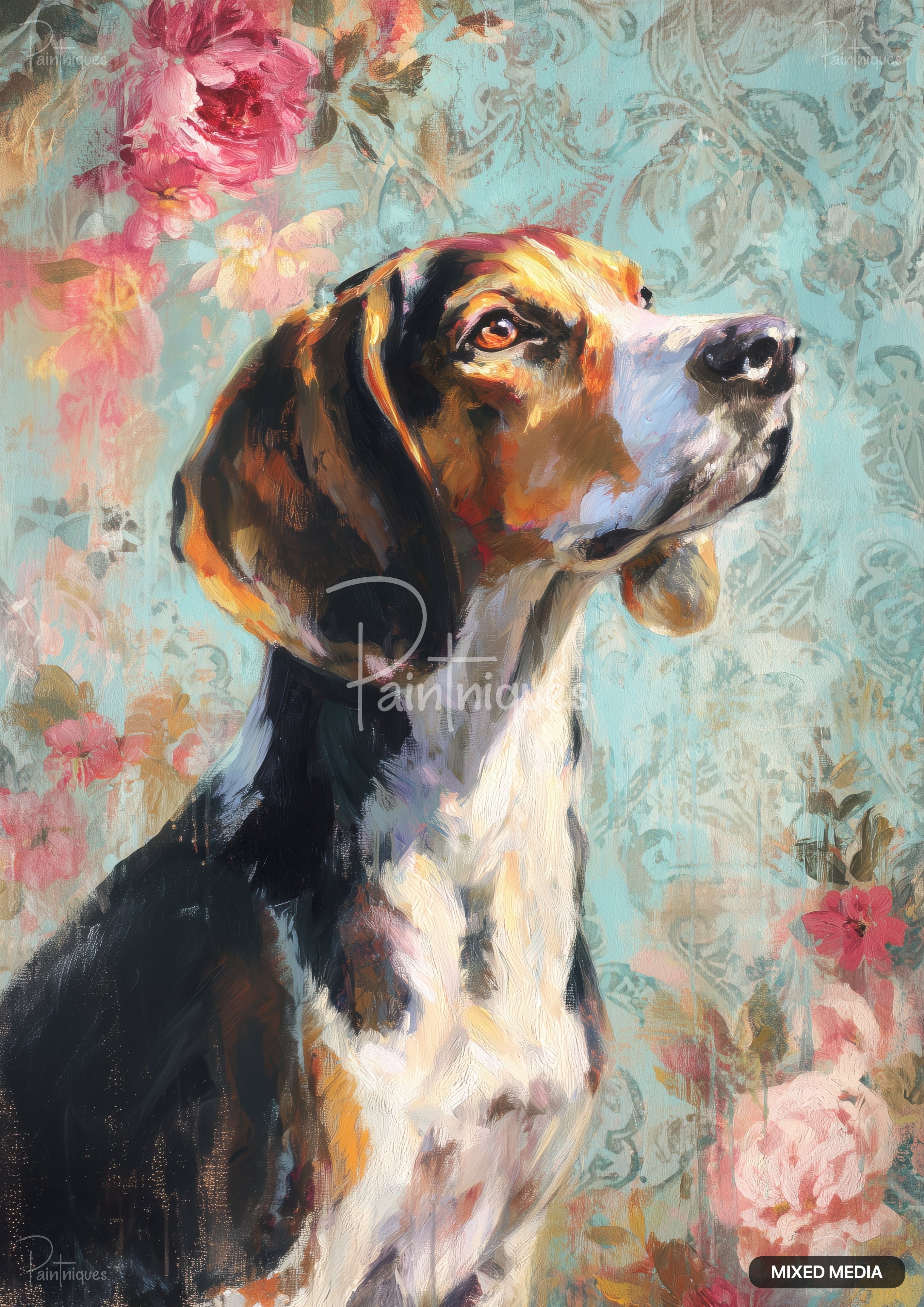 Acrylic painting of a brown, black, and white dog with orange eyes against a teal floral and damask background.