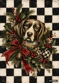 Brown and white dog's head with a gold collar, surrounded by a festive wreath on a black and white checkered background.