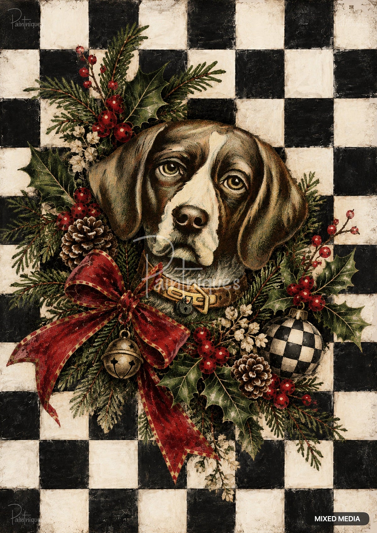 Brown and white dog's head with a gold collar, surrounded by a festive wreath on a black and white checkered background.