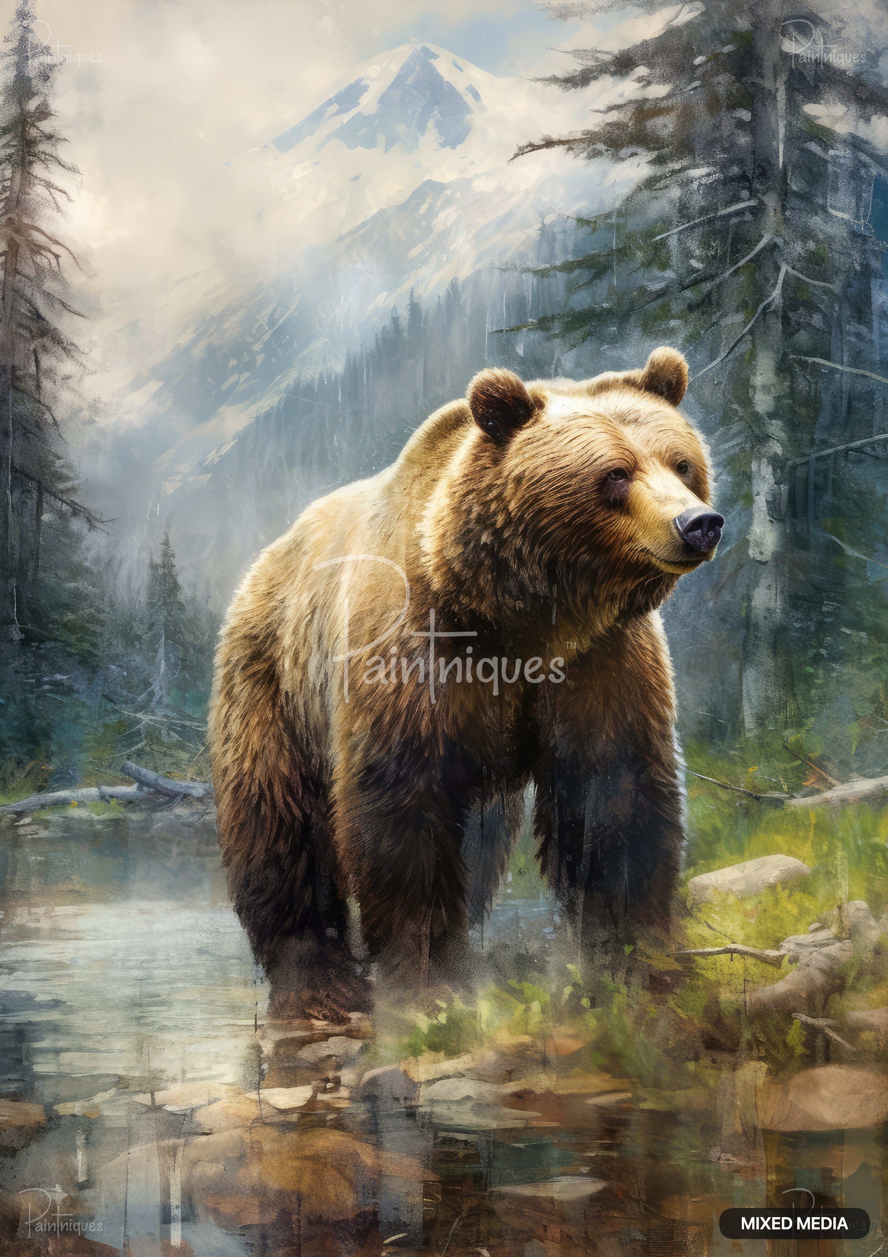A brown grizzly bear stands in a shallow stream with a misty mountain landscape and pine trees in the background.