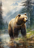 A grizzly bear stands in a misty stream with evergreen trees and a snow-capped mountain in the background.