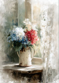 Painterly bouquet of blue, white, and red hydrangeas in a distressed white pitcher on a sunlit windowsill beside a lace curtain.