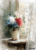 Impasto painting of red, white, and blue hydrangeas in a rustic white pitcher on a sunlit windowsill with lace curtains.