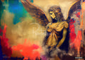 Textured painting of a winged angel statue looking down amidst vibrant red, blue, and gold brushstrokes.