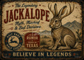Vintage-style poster of an antlered jackrabbit beside desert mountains, headline "JACKALOPE" and banner "Believe in Legends"