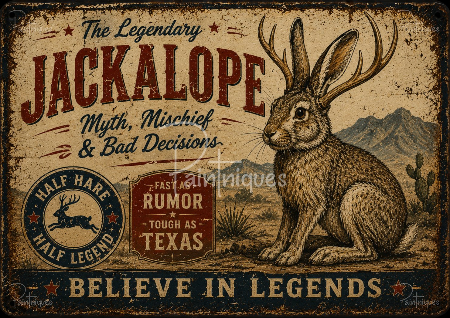 Vintage-style poster of an antlered jackrabbit beside desert mountains, headline "JACKALOPE" and banner "Believe in Legends"