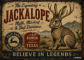 Vintage-style artwork with a jackalope in a desert landscape and text like "Half Hare, Half Legend."