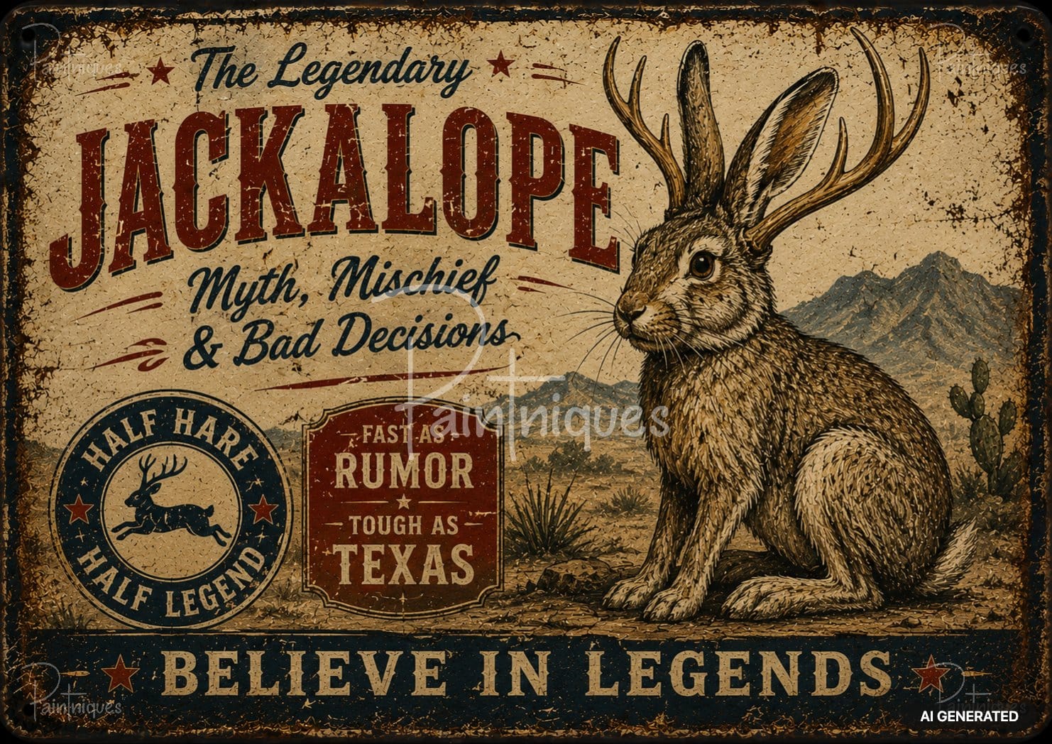 Vintage-style artwork with a jackalope in a desert landscape and text like "Half Hare, Half Legend."