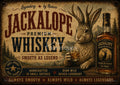 Vintage poster of a jackalope holding a whiskey glass beside a whiskey bottle, mountains and pine forest background.