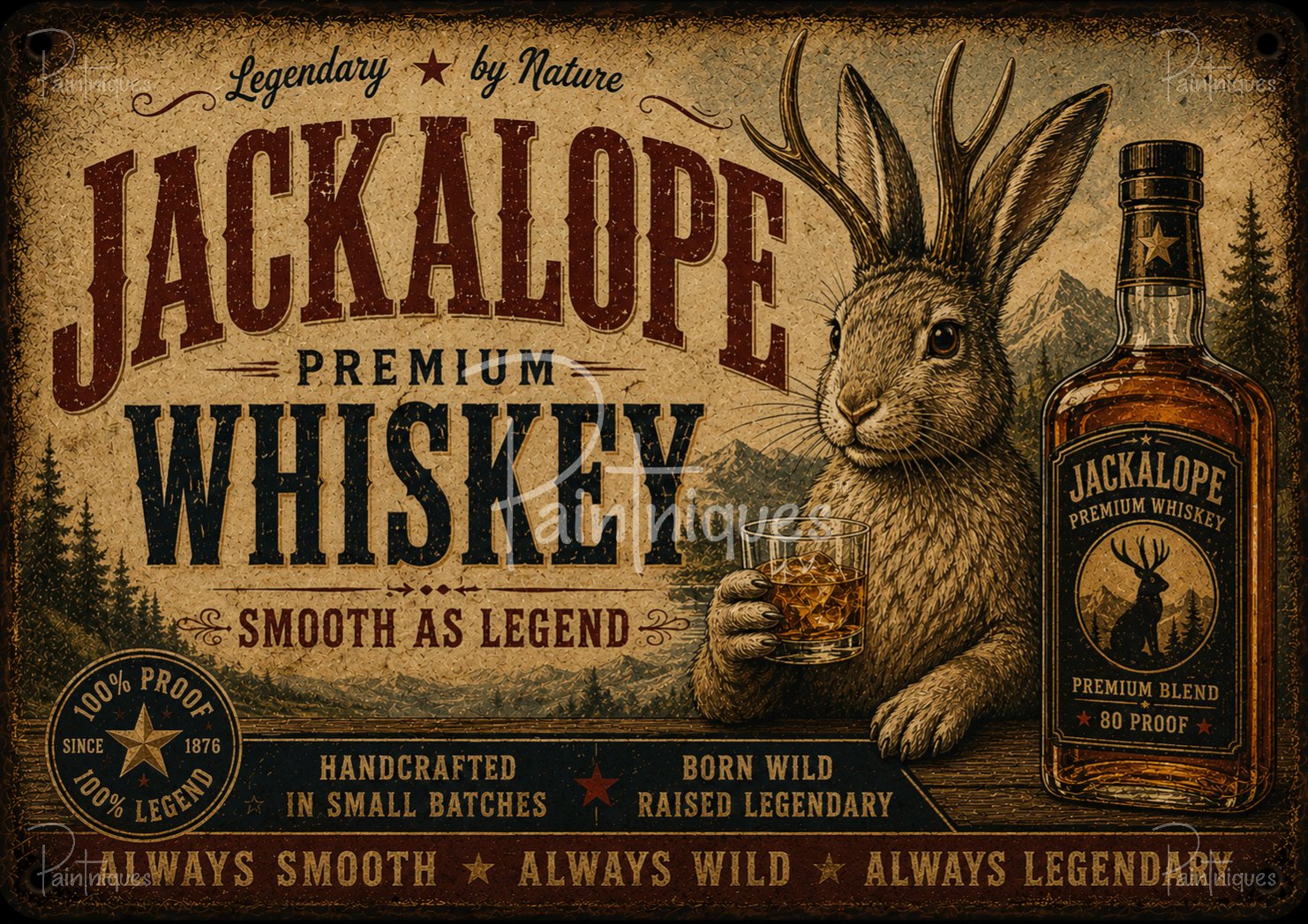 Vintage poster of a jackalope holding a whiskey glass beside a whiskey bottle, mountains and pine forest background.