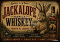 A vintage-style whiskey advertisement. A jackalope holds a glass of whiskey next to a bottle in a mountain forest.