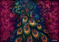 Vibrant peacock feathers in teal, gold, and magenta fan across a dark blue and deep pink ornate floral background.