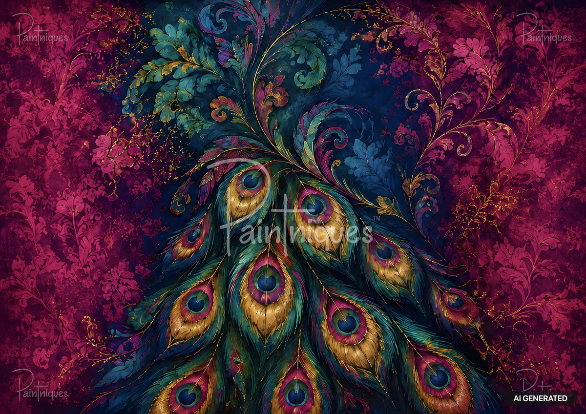 Vibrant peacock feathers in teal, gold, and magenta fan across a dark blue and deep pink ornate floral background.