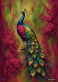 Vibrant abstract art with a large peacock standing on a branch, its colorful tail feathers fanning out. Rich pink roses and green foliage frame the scene.