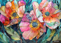 Stained glass art of three fantastical iridescent flowers with petal-like leaves.