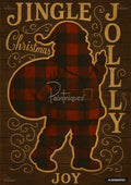 Red and black buffalo plaid Santa silhouette on dark wood with holiday words Jingle, Jolly, and Joy.