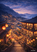 Hillside town at dusk with glowing lanterns, buildings cascading down to a bay, mountains, and a colorful sky.