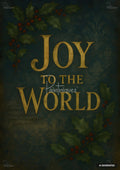 Gold "Joy to the World" text on a dark green damask background framed by holly branches with red berries.