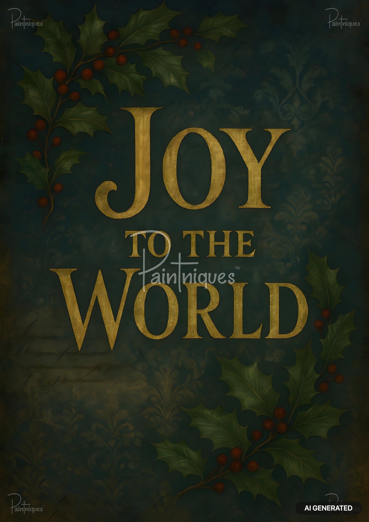 Gold "Joy to the World" text on a dark green damask background framed by holly branches with red berries.
